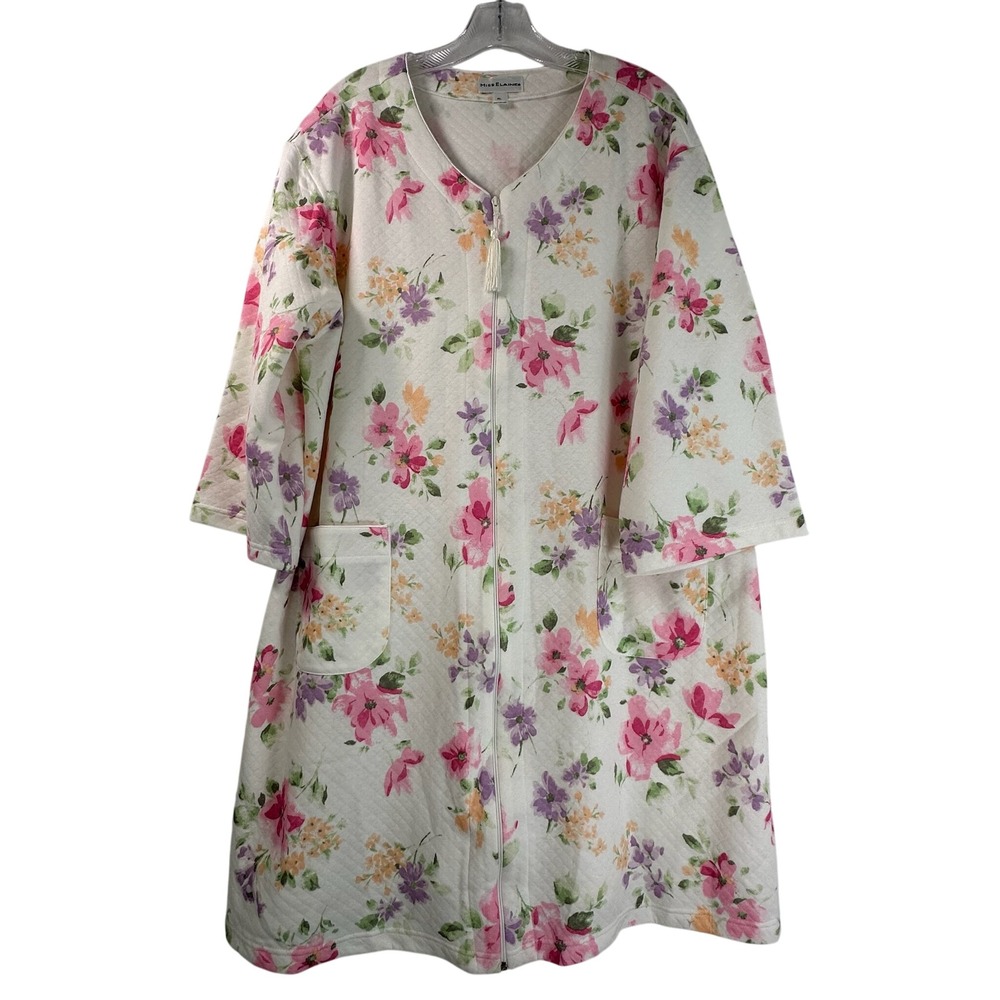Miss Elaine Floral Quilted Zip Front Robe Housecoat XL White Pink Tassel